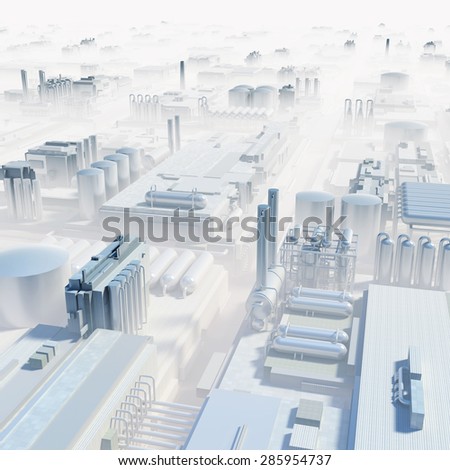 Industrial fog bird view with oil and gas storage tanks, tubes and pipelines