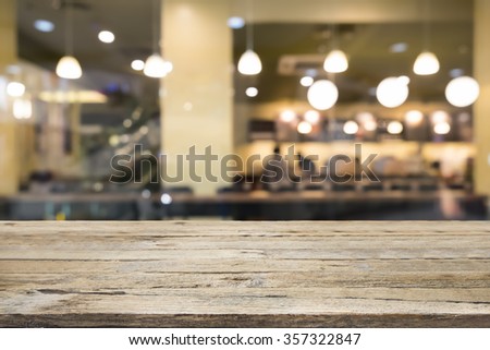 Wood table or floor with blur coworker place coffee cafe shop restaurant bokeh background.