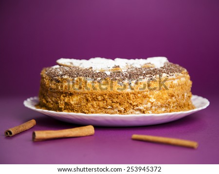 Taste cake with chocolate crumb. Honey cake. Cake hearts. Cake on violet background. Cake with sticks cinnamon. Cinnamon sticks. Cake on white plate. Baked cake. White powder cake. Bake food