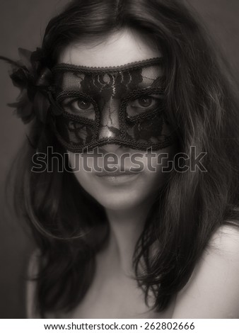 Mask on young woman. Black mask lady. Brunette girl. Lady face. Masquerade mask