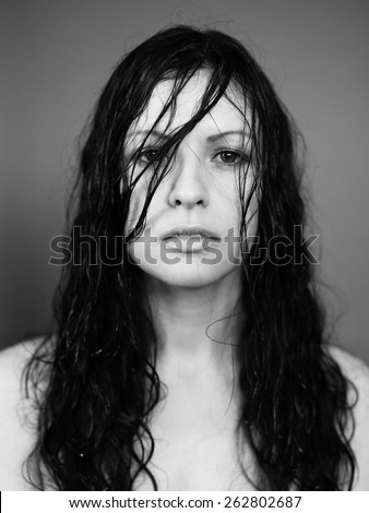 Emotions. Wet woman. Raw hair lady. Brunette girl. Portrait face white woman. Wet hair. Hairstyle