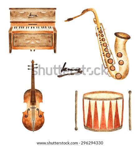 Cute watercolor musical instruments including piano violin saxophone and drum vintage style Cute watercolor musical instruments including piano violin saxophone and drum vintage style