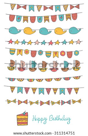 Cute hand drawn doodle birthday, party, holiday flags collection including flags with stripes, whale, ship, star, bow, polka dot, heart, berry. Cartoon decoration elements set. Birthday card, postcard
