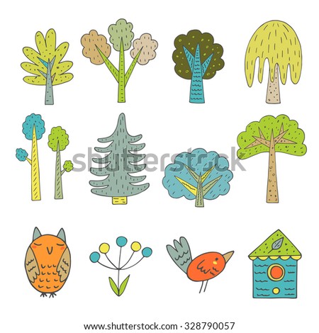Cute hand drawn doodle trees collection, owl, berry plant, bird, bird house. Forest nature design elements