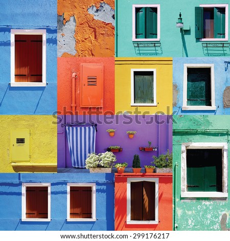 Mixed colorful Windows wall and Doors in Burano building architecture, Venice, Italy