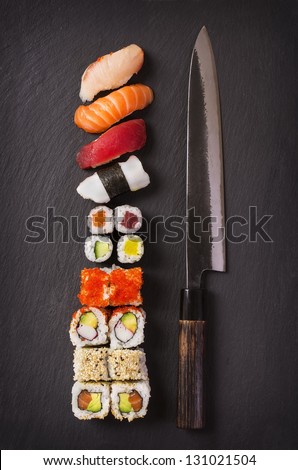 japanese knife with sushi