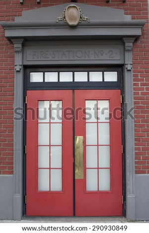 SEATTLE - JUNE 24, 2015 - Red entrance doors to the fire station number 2 in downtown Seattle