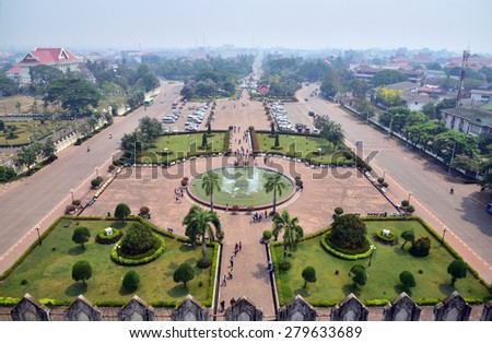 Garden and Route, looking down from the Victory Gate of Vientiane, Laos.