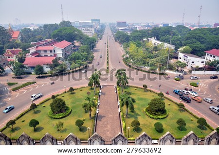 Garden and Route, looking down from the Victory Gate of Vientiane, Laos.
