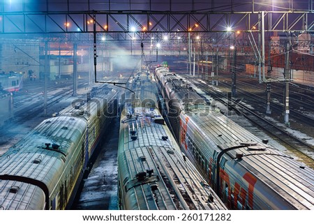 MOSCOW, RUSSIA - MARCH 05: Passenger and Post wagons on backside railways of Moscow railway station (Kazanskyj vokzal) at evening time on March 05, 2015 in Moscow, Russia.