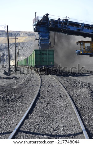 Railroad, trains, transport, mining, shipping, digging, mining, mine, quarry, mechanism, black gold, coal, enterprise. incision, technology
