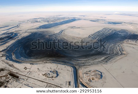 Coal mine, cut, quarry, mining, subsurface land, mine, enterprise, ore, black gold, winter day, earth, Kazakhstan, Asia,