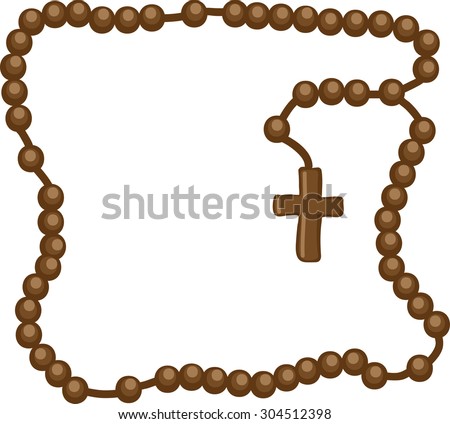 Holy Rosary. Brown frame with rosary. Brown wooden catholic rosary beads, religious symbols, rosary necklace, praying symbol. Vector illustration.