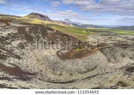 View from Grabrok Crater Top, Iceland - The crater is the largest of three in a volcanic fissure. It is interesting geologically because of the way the volcanoes have shaped the rock on the ground.