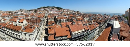 Panoramic wide-angle view over Lisbon Downtown from Elevador de Santa Justa