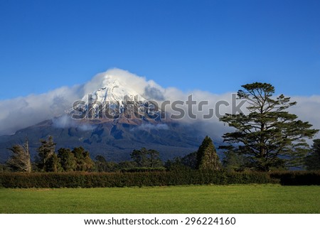Mount Taranaki or another name is Mount Egmont in New Plymouth, New Zealand showing the landscape in winter
