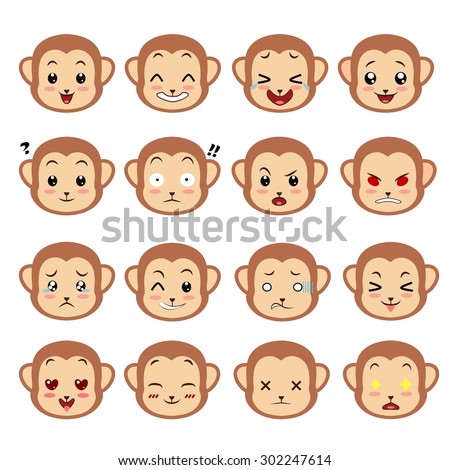 Cute monkey emotions. Emoji set. 16 emotions in the flat icon set.
