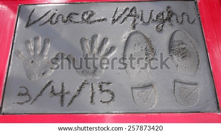 Vince Vaughn Places Handprints-Footprints In Cement At TCL Chinese Theatre in Hollywood on March 4, 2015.