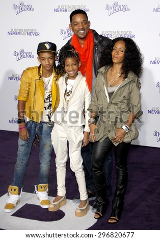 Jaden Smith, Willow Smith, Will Smith and Jada Pinkett Smith at the Los Angeles premiere of \'Justin Bieber: Never Say Never\' held at the Nokia Theatre L.A. Live in Los Angeles on February 8, 2011.