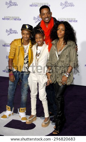 Jaden Smith, Willow Smith, Will Smith and Jada Pinkett Smith at the Los Angeles premiere of \'Justin Bieber: Never Say Never\' held at the Nokia Theatre L.A. Live in Los Angeles on February 8, 2011.