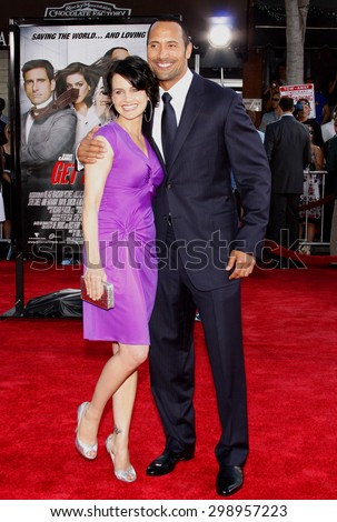 Dwayne Johnson and Carla Gugino at the Los Angeles premiere of \'Get Smart\' held at the Mann Village Theatre in Westwood on June 16, 2008.