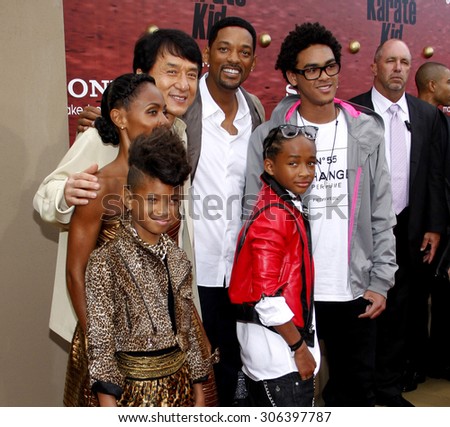 Jada Pinkett Smith, Will Smith, Jaden Smith, Jackie Chan, Trey Smith and Willow Smith at the Los Angeles premiere of \'The Karate Kid\' held at the Mann Village Theater in Westwood, USA on June 7, 2010.