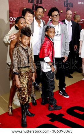 Jada Pinkett Smith, Will Smith, Jaden Smith, Jackie Chan, Trey Smith and Willow Smith at the Los Angeles premiere of \'The Karate Kid\' held at the Mann Village Theater in Westwood, USA on June 7, 2010.