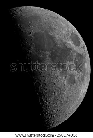 First quarter moon. High resolution telescope image.
