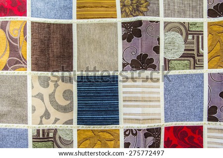 background texture of a patchwork of different pieces of fabric in the bazaar in Istanbul