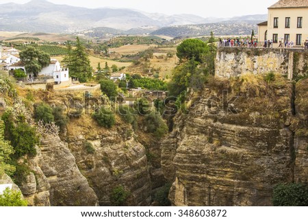 background landscape view of the valley with rocks, observation deck and the valley in Ronda, Andalusia, Spain