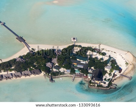 Taj Exotica on Emboodhu Finholoo, South Male atoll, Maldives, aerial view of northern part.