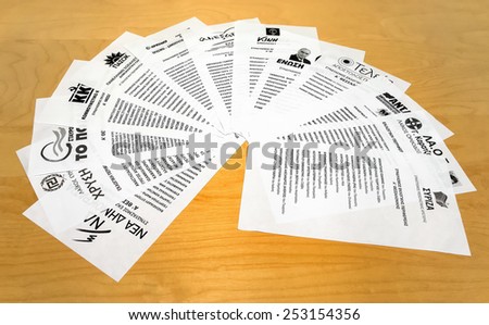 THESSALONIKI, GREECE - JANUARY 25: Ballot papers of Greek political parties that took part in January 25, 2015 national elections in Thessaloniki, Greece.