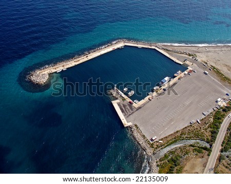Small port in aegean island, aerial.