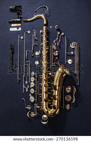 Tenor saxophone, exploded view drawing isolated on blue background.\
Exploded diagram of tenor saxophone. Key action of instrument.