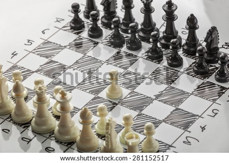 Chess. Whites are starting. White board with chess figures on it. Plan of battle.