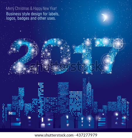 Happy New Year 2017 greeting card. City Lights. Vector illustration of city with lighting windows, the moon, trees, lamps and houses in winter time. Holidays concept.