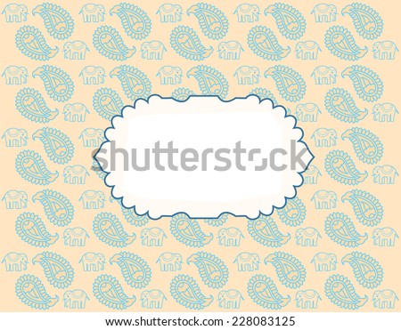 Asian blue and cream elephant and paisley wallpaper with banner for text