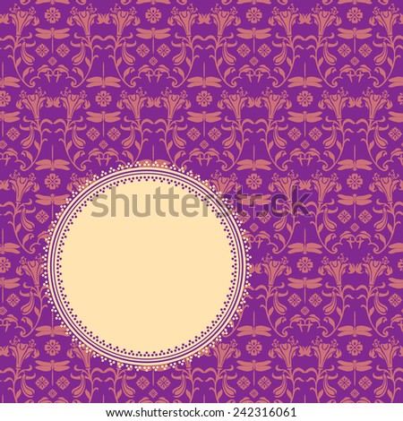 Vintage purple and cream classical flower and dragonfly kimono pattern background with round banner for text