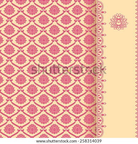 Traditional vintage pink and cream Asian lotus pattern background with vertical banner for text