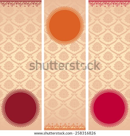 Set of colorful vintage Asian lotus pattern vertical banners with round space for text and henna elements