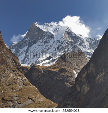 Machapuchhare peak. Nepal, Himalaya. Trekking to Annapurna Base Camp.