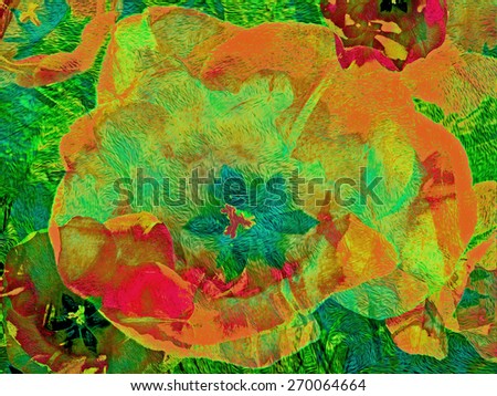 This is a bright and cheerful abstract digital image of tulips in glorious color variations.