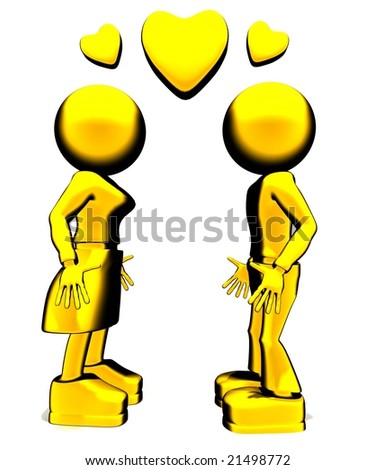 golden man and woman stand on white background