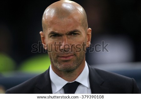 ROME, ITALY - FEBRURY 2016 : Zinedine Zidane  during football match  of Uefa Champions League 2015/2016 last-16 between A.s. Roma  vs Real Madrid at the Olimpic Stadium  on Februry 17, 2016 in Rome.
