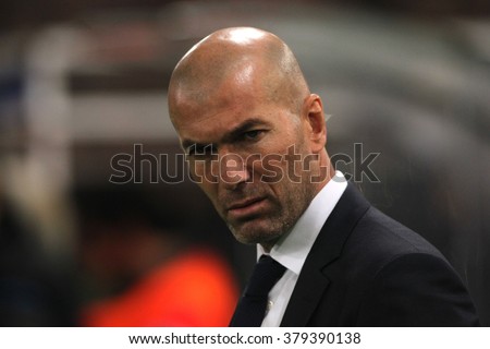 ROME, ITALY - FEBRURY 2016 : Zinedine Zidane  during football match  of Uefa Champions League 2015/2016 last-16 between A.s. Roma  vs Real Madrid at the Olimpic Stadium  on Februry 17, 2016 in Rome.