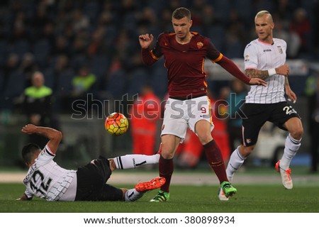 ROME, ITALY - FEBRUARY 2016 : Dzeko  in action during fotball match  serie A  League 2015/2016 between A.s. Roma  vs Palermo  at the Olimpic Stadium  on February 21, 2016 in Rome.