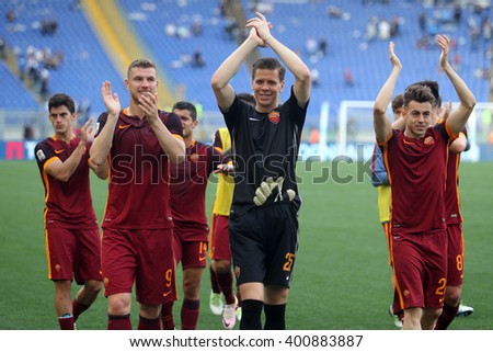 ROME, ITALY - APRIL 2016 :  As Roma players celebrating the victory at fotball match  serie A  League 2015/2016 between SS LAZIO VS AS ROMA  at the Olimpic Stadium  on APRIL 3, 2016 in Rome.