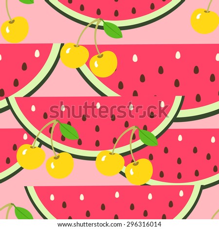 Vector cherry and water melon pattern. Fruit seamless pattern. Food fruit background