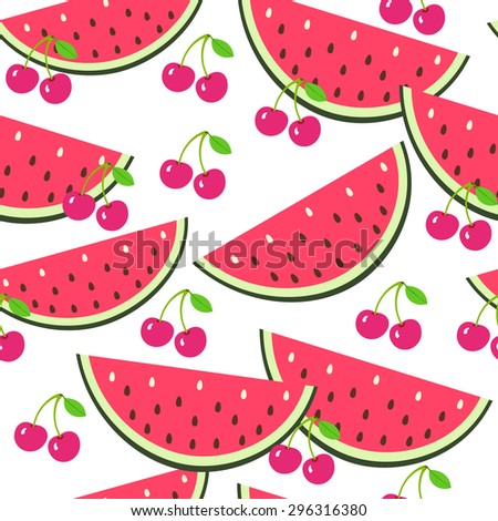Vector cherry and water melon pattern. Fruit seamless pattern. Food fruit background
