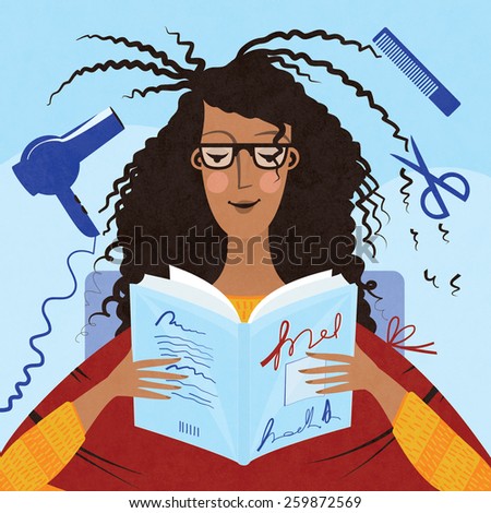 A dark-skinned woman reading while having her hair cut